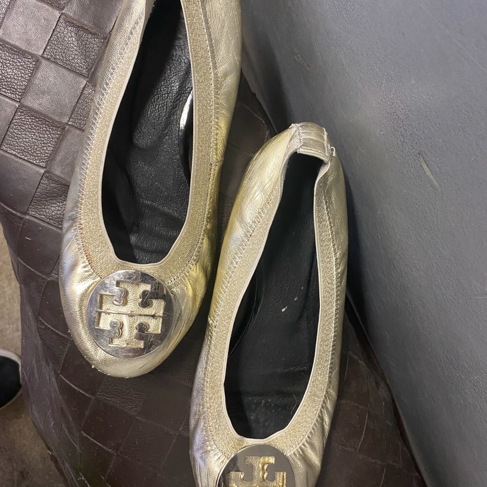 Tory Burch Metallic Gold Logo Ballet Flats